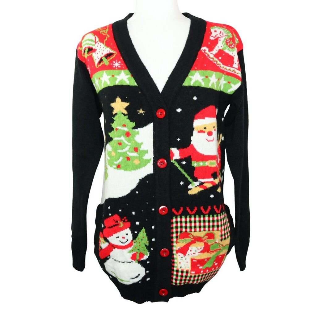 V28 Christmas Sweater Button Front Santa Snowman Tree